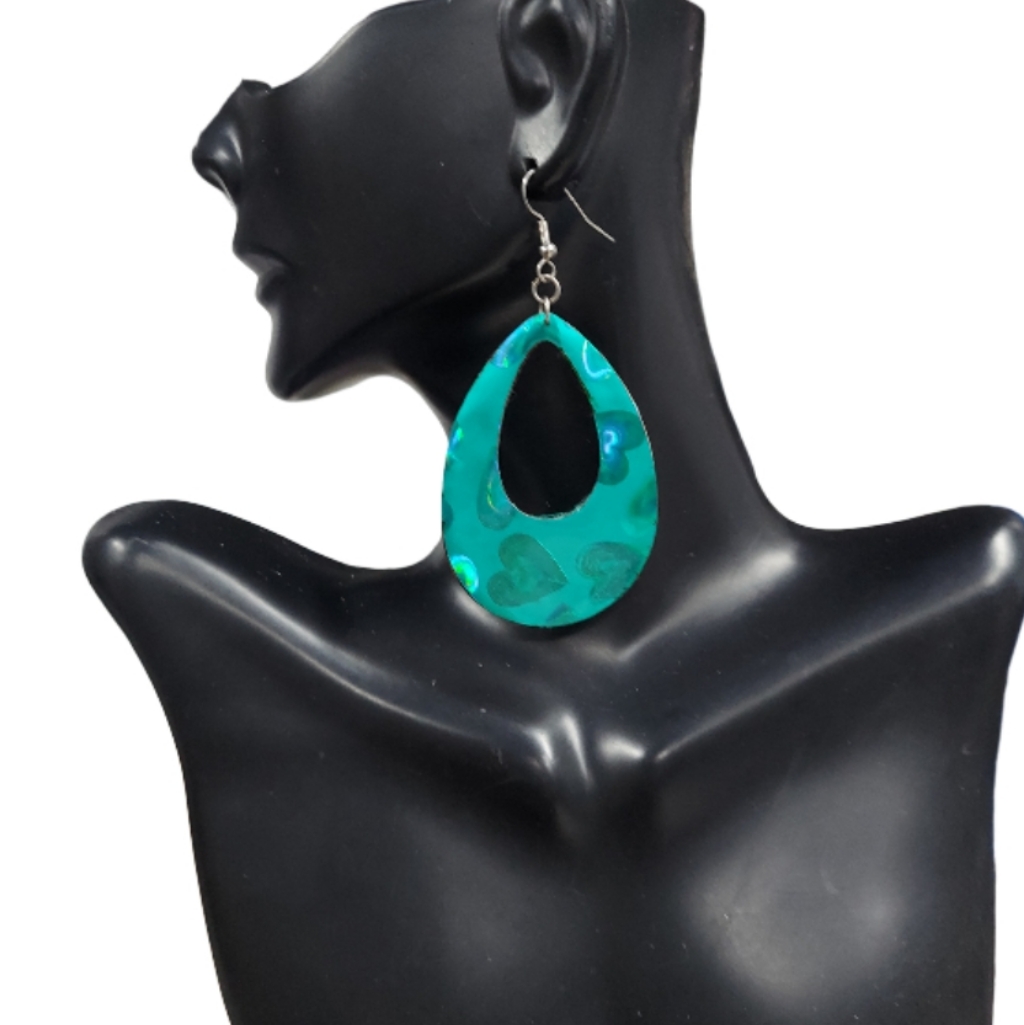 E102 Holagraphic Green Hearts On Teardrop Statement Earrings